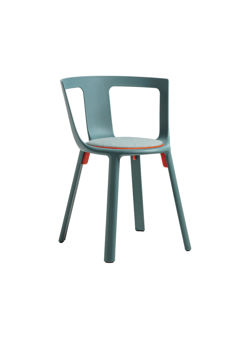 FLA chair with cushion in ocean blue by TOOU Design, a sleek and stackable seating option designed exclusively for indoor use.