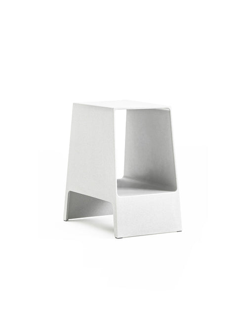 White TOMO end table, GQ Sleep Award winner, eco-friendly nightstand with open storage, recycled plastic, sleek Japanese-inspired design.