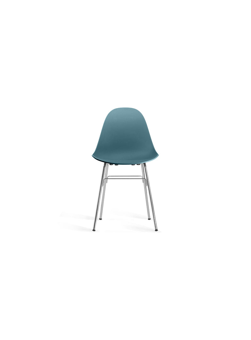 TA Chair with chrome base and ocean blue seat by TOOU Design, a sleek and ergonomic indoor chair with a sculpted polypropylene seat for modern interiors.