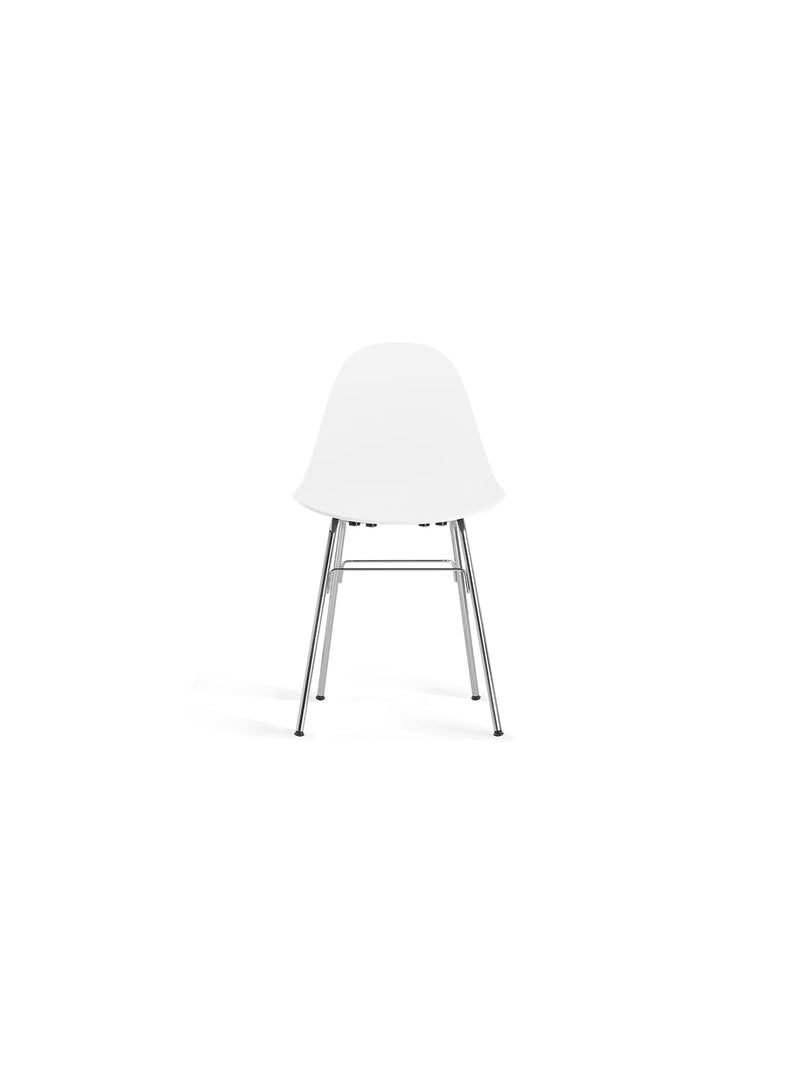 TA Chair with chrome base and white seat by TOOU Design, a sleek and ergonomic indoor chair with a sculpted polypropylene seat for modern interiors.