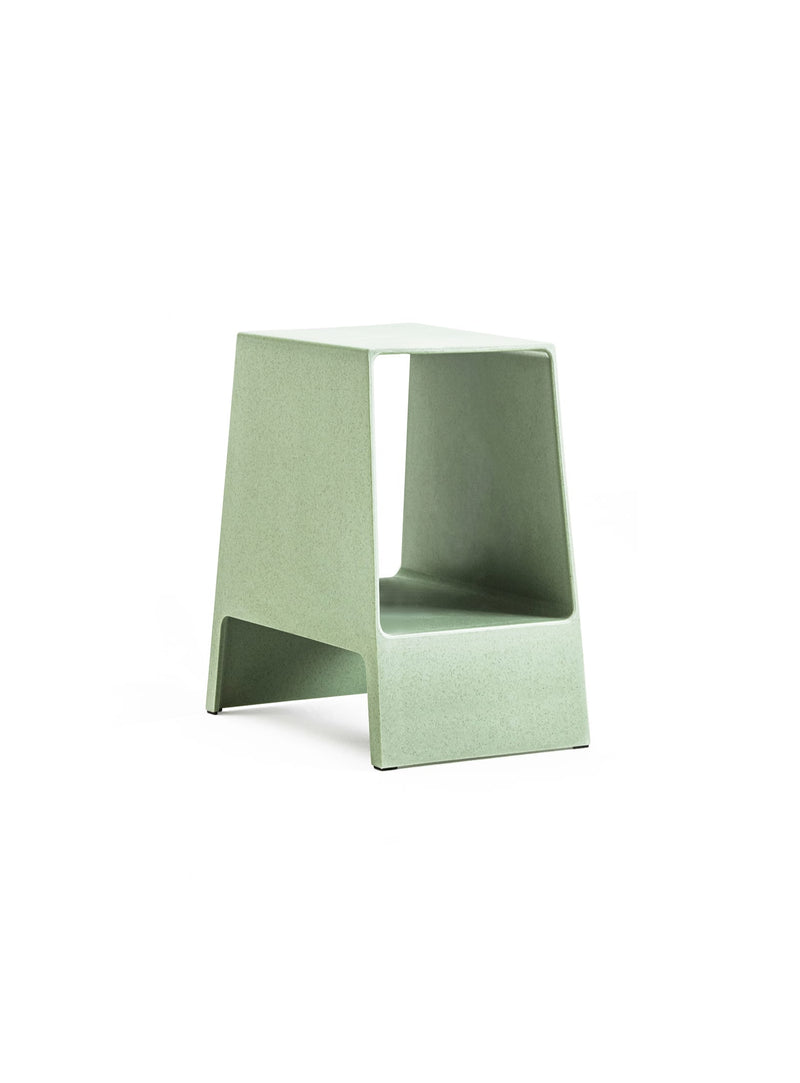 Celadon Green TOMO end table, GQ Sleep Award winner, eco-friendly nightstand with open storage, recycled plastic, sleek Japanese-inspired design.