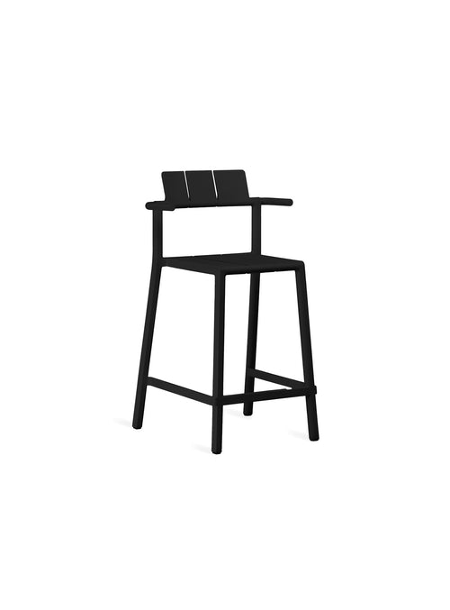 YARD Counter Stool with arms in black by TOOU Design, a stylish and stackable seating solution for indoor and outdoor use.