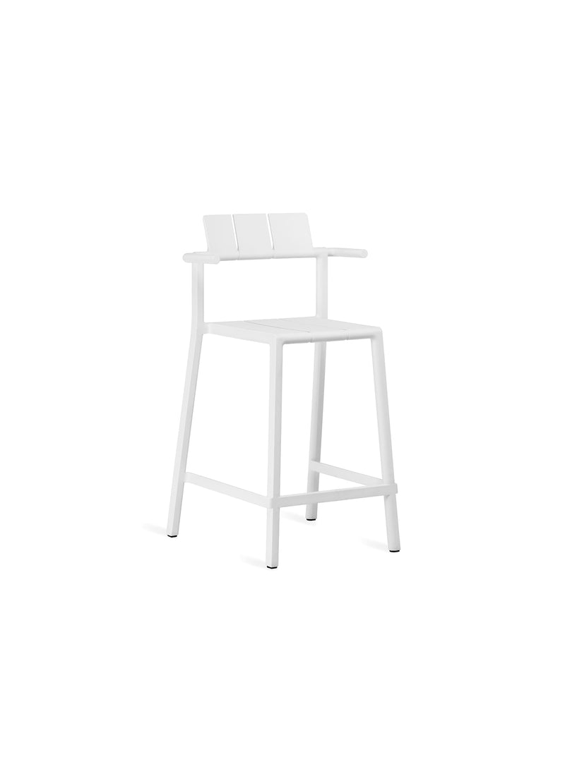 YARD Counter Stool with arms in white by TOOU Design, a sleek and stackable seating solution for modern indoor and outdoor spaces.